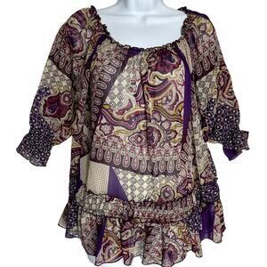 Xhilaration Top M Purple Sheer Ruffle Scoop Neck Boho Festival Patchwork Style